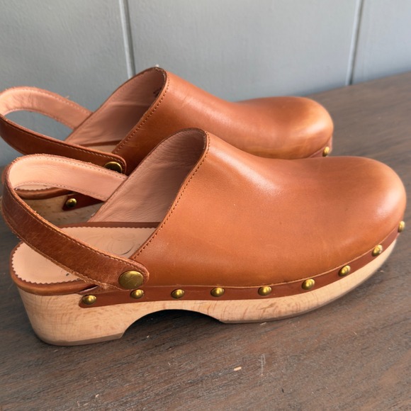 J.Crew BA188 Leather Clogs Cognac Wood Sole Convertible Strap Grace 6 Free Ship - Picture 1 of 11